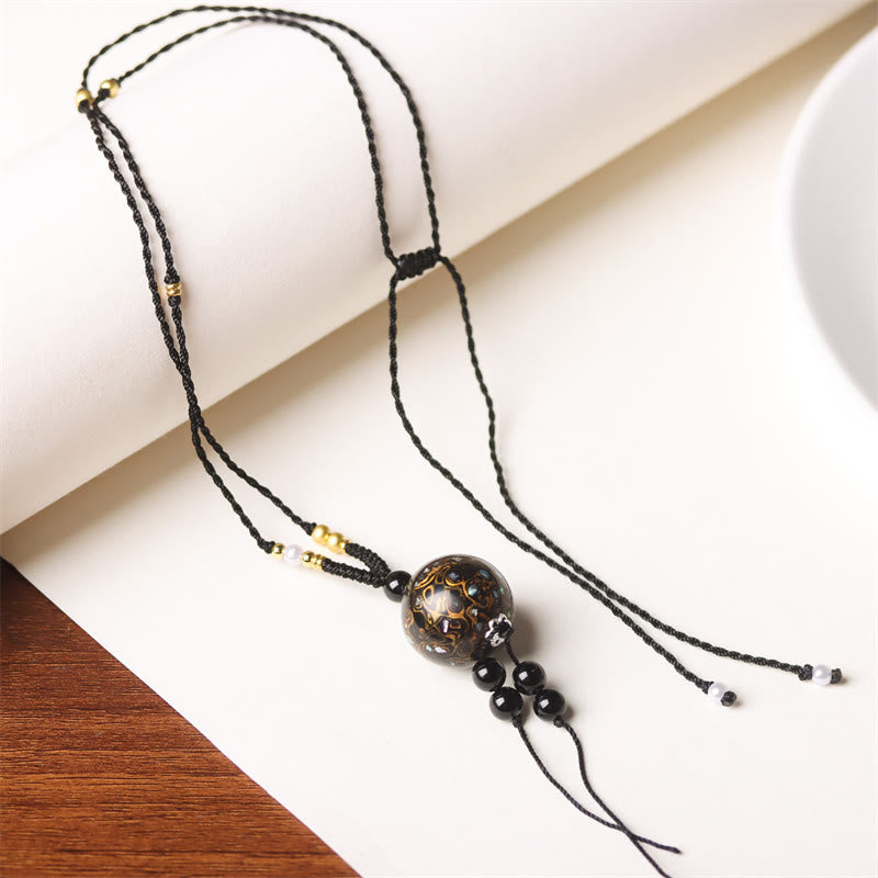 Wear FengShui Ebony Wood Aurora Lacquer Craft Bead Pearl Balance Necklace Pendant