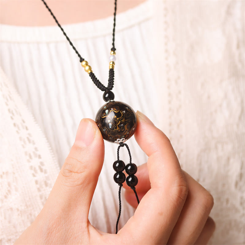 Wear FengShui Ebony Wood Aurora Lacquer Craft Bead Pearl Balance Necklace Pendant