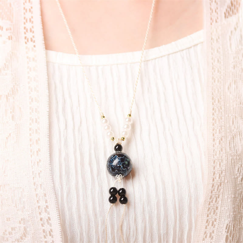 Wear FengShui Ebony Wood Aurora Lacquer Craft Bead Pearl Balance Necklace Pendant