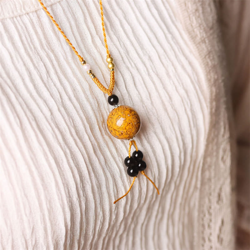 Wear FengShui Ebony Wood Aurora Lacquer Craft Bead Pearl Balance Necklace Pendant