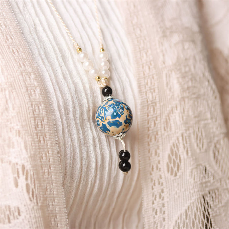 Wear FengShui Ebony Wood Aurora Lacquer Craft Bead Pearl Balance Necklace Pendant