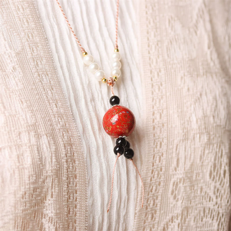 Wear FengShui Ebony Wood Aurora Lacquer Craft Bead Pearl Balance Necklace Pendant