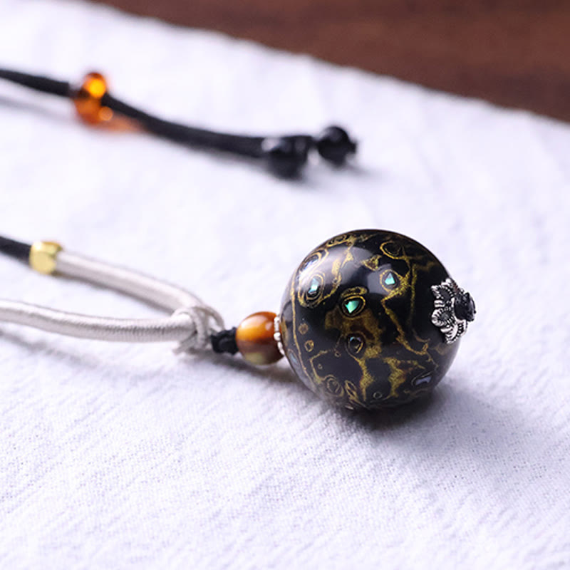 Wear FengShui Ebony Wood Colorful Lacquer Craft Bead Calm Necklace Pendant