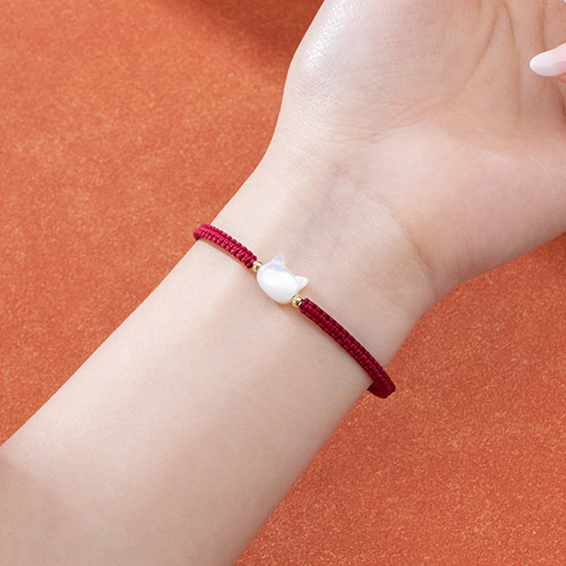 Wear FengShui Faceless Cat Head Red String Shell Connection Bracelet