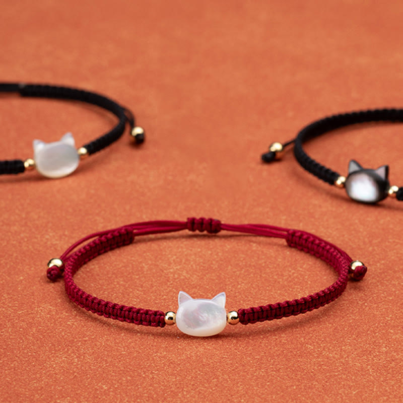 Wear FengShui Faceless Cat Head Red String Shell Connection Bracelet