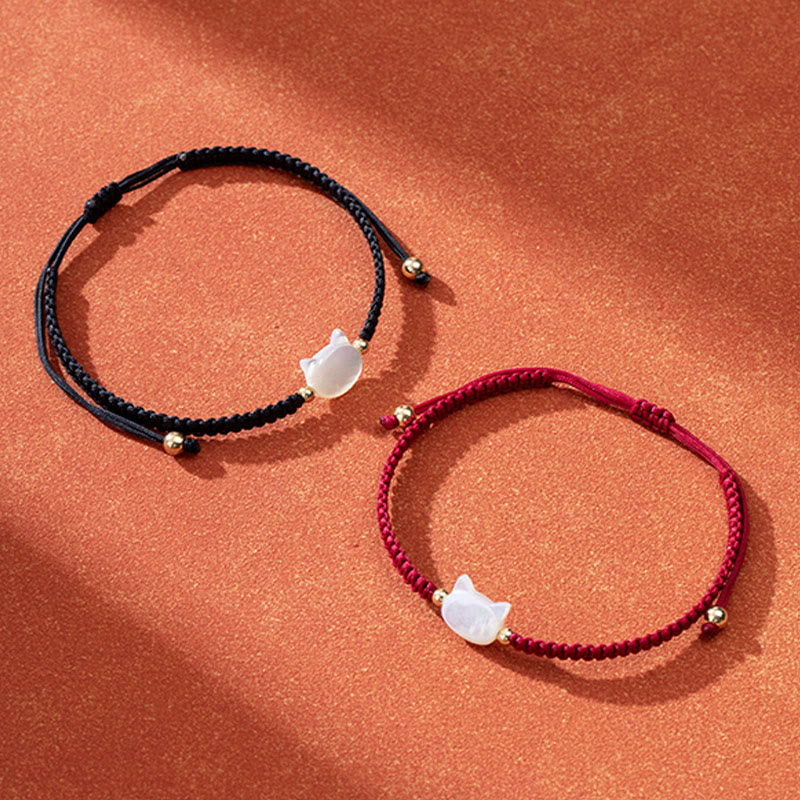 Wear FengShui Faceless Cat Head Red String Shell Connection Bracelet