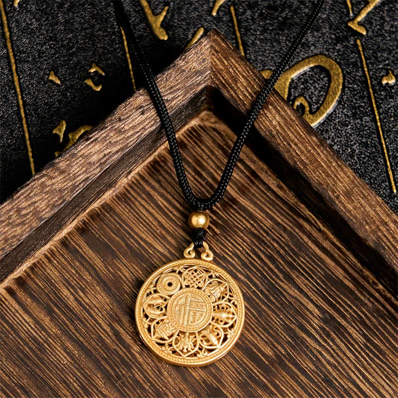 Wear FengShui Copper Eight Treasure Compass Fu Character Fortune Rope Necklace Pendant