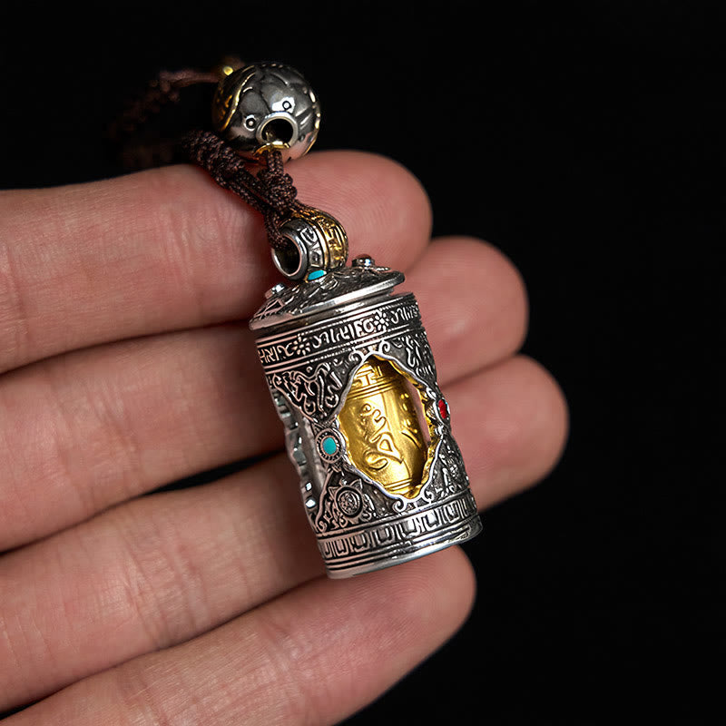 Wear FengShui Om Mani Padme Hum Ghau Prayer Box Copper Plated Silver Luck Key Chain