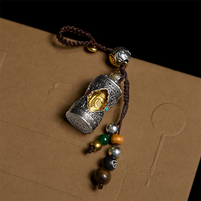 Wear FengShui Om Mani Padme Hum Ghau Prayer Box Copper Plated Silver Luck Key Chain