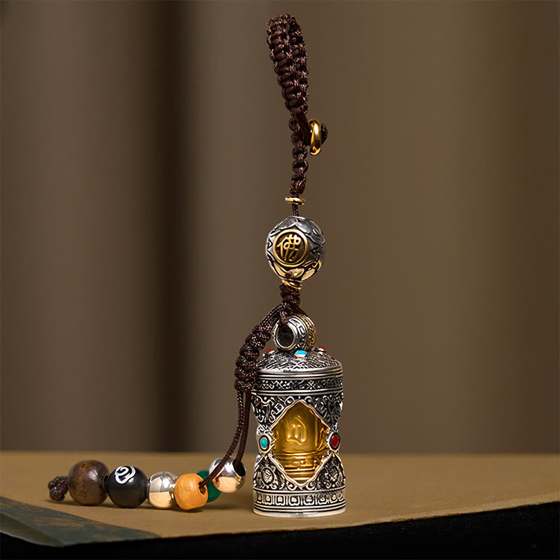 Wear FengShui Om Mani Padme Hum Ghau Prayer Box Copper Plated Silver Luck Key Chain