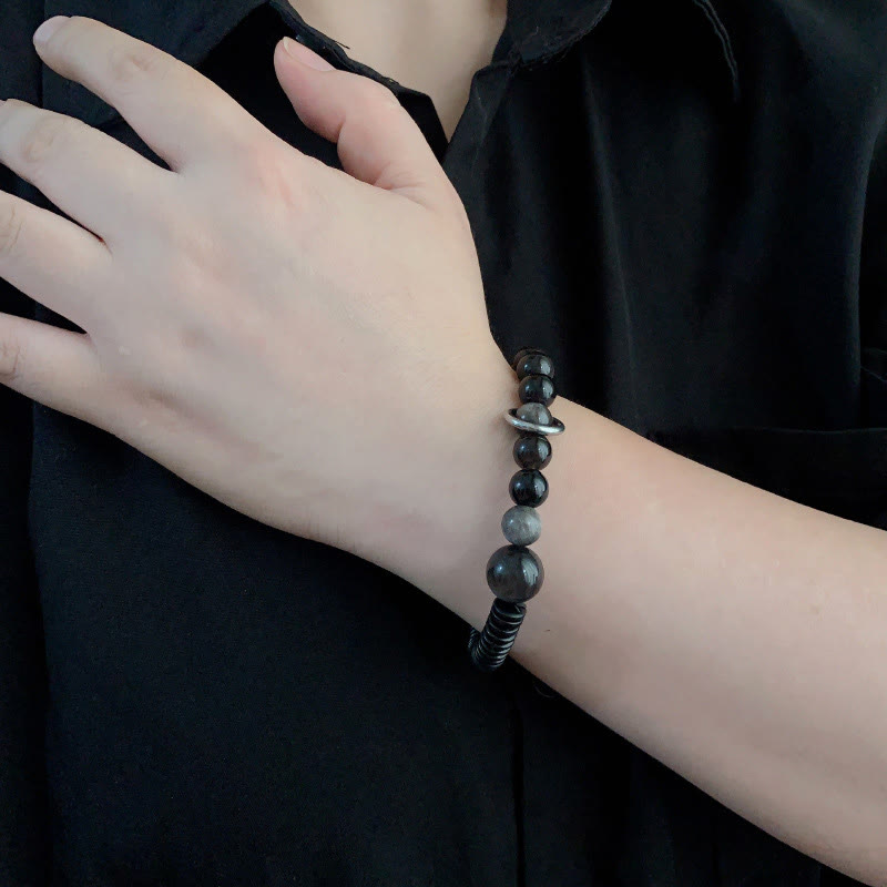 Wear FengShui Silver Sheen Obsidian Coconut Shell Protection Bracelet