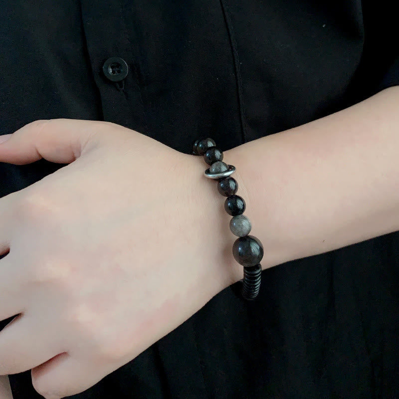 Wear FengShui Silver Sheen Obsidian Coconut Shell Protection Bracelet