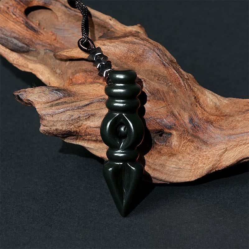 Wear FengShui Tibetan Hetian Cyan Jade Pestle Vajra Dorje Star Harmony Necklace Pendant