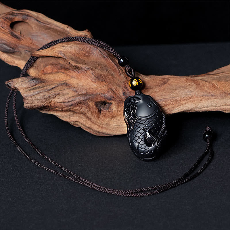 Wear FengShui Natural Black Obsidian Amphioxus Strength Necklace Pendant
