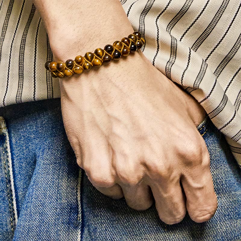 Wear FengShui Natural Tiger Eye Cinnabar Hand-woven Double Row Beads Protection Bracelet