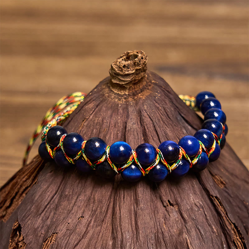 Wear FengShui Natural Blue Tiger Eye Hand-woven Colored Rope Double Row Beads Balance Bracelet