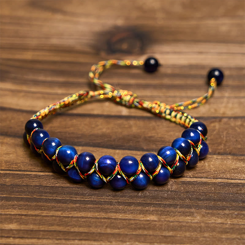 Wear FengShui Natural Blue Tiger Eye Hand-woven Colored Rope Double Row Beads Balance Bracelet