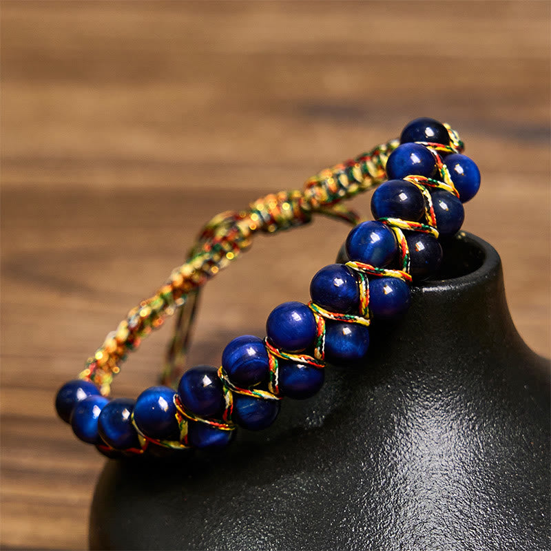 Wear FengShui Natural Blue Tiger Eye Hand-woven Colored Rope Double Row Beads Balance Bracelet