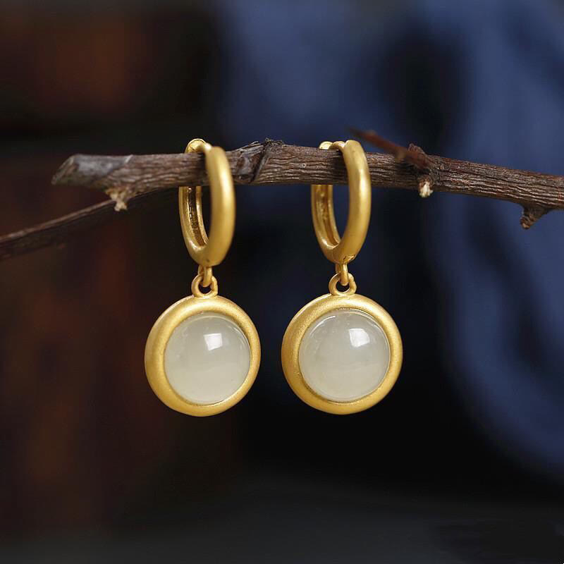 Wear FengShui 925 Sterling Silver White Jade Agate Prosperity Earrings