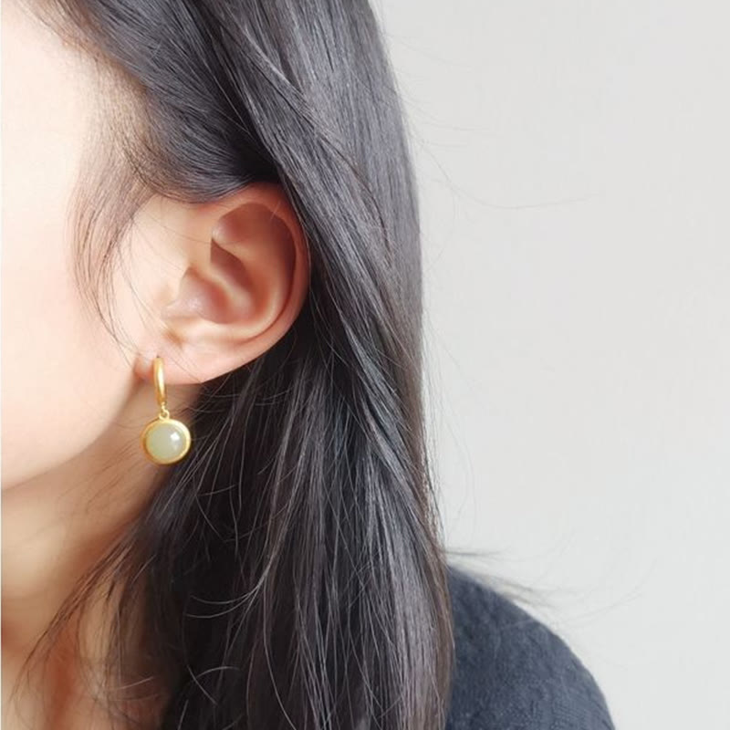 Wear FengShui 925 Sterling Silver White Jade Agate Prosperity Earrings