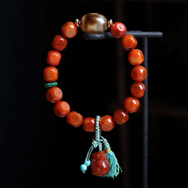 Wear FengShui Natural South Red Agate Pixiu Dzi Bead Fortune Luck Bracelet