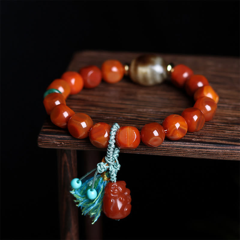 Wear FengShui Natural South Red Agate Pixiu Dzi Bead Fortune Luck Bracelet