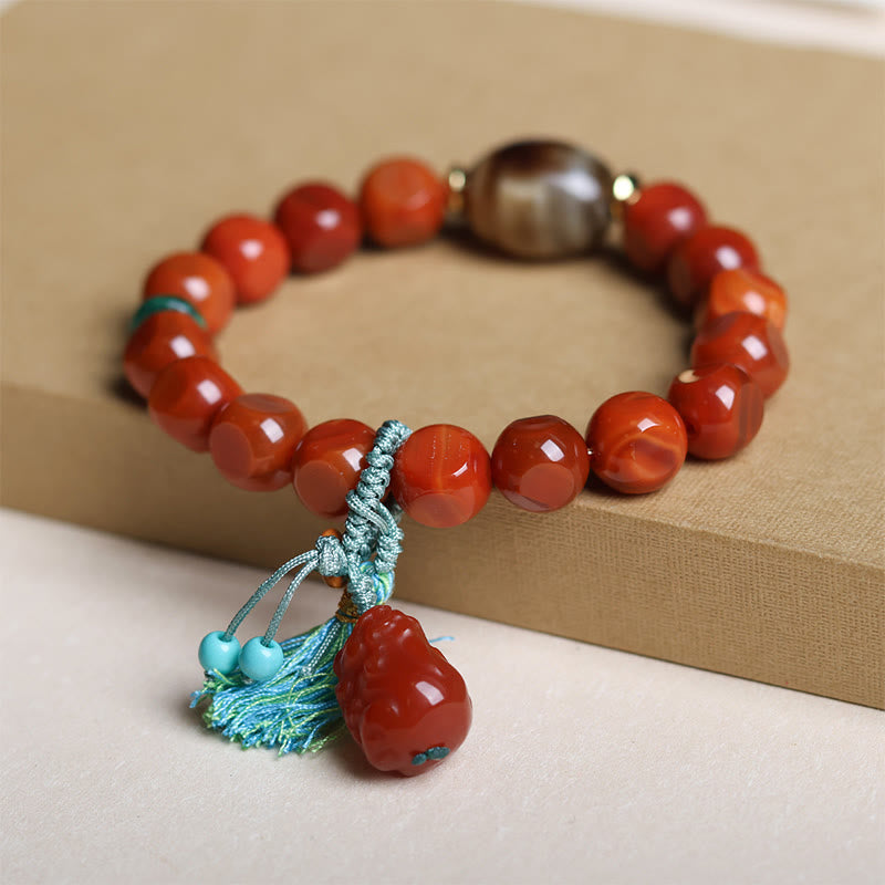 Wear FengShui Natural South Red Agate Pixiu Dzi Bead Fortune Luck Bracelet