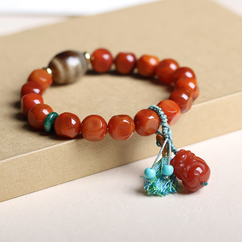 Wear FengShui Natural South Red Agate Pixiu Dzi Bead Fortune Luck Bracelet