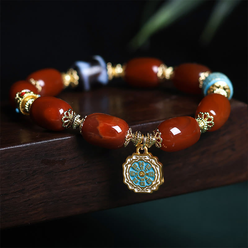 Wear FengShui Natural South Red Agate Bagua Dzi Bead Power Bracelet