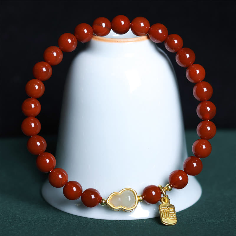 Wear FengShui Natural South Red Agate Hetian Jade Gourd Positive Bracelet