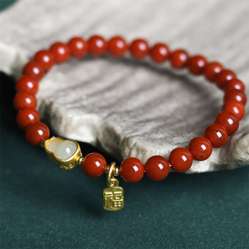 Wear FengShui Natural South Red Agate Hetian Jade Gourd Positive Bracelet