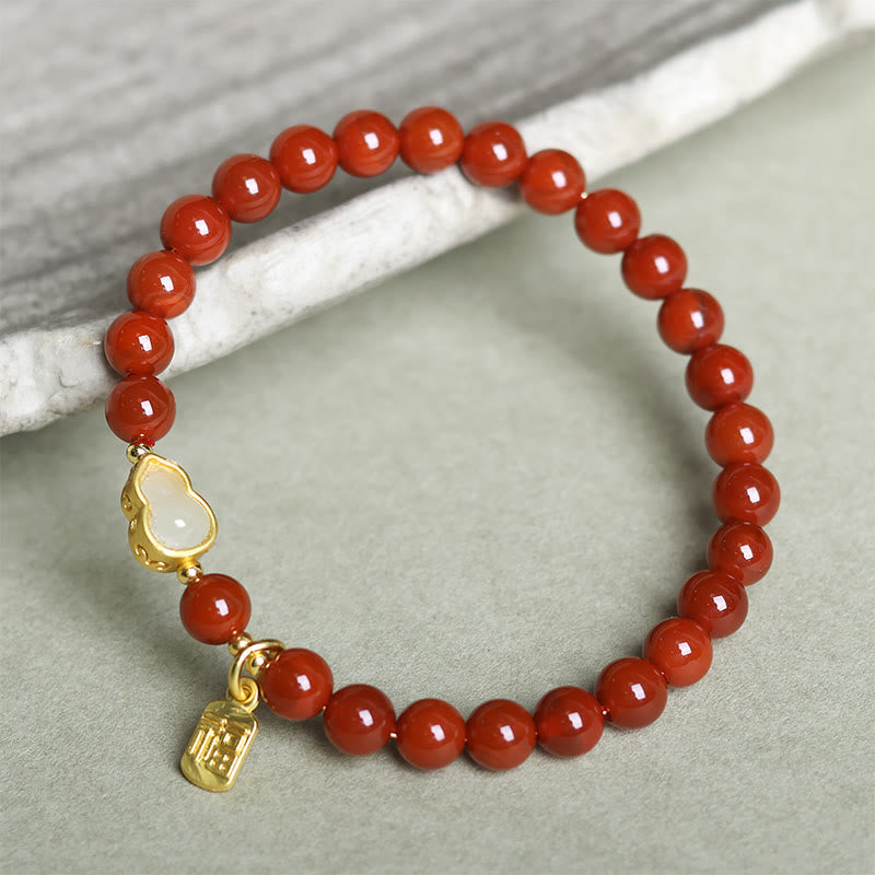 Wear FengShui Natural South Red Agate Hetian Jade Gourd Positive Bracelet