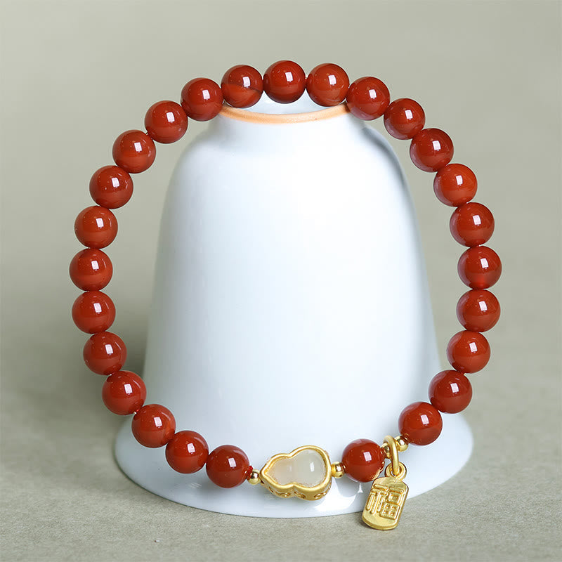 Wear FengShui Natural South Red Agate Hetian Jade Gourd Positive Bracelet