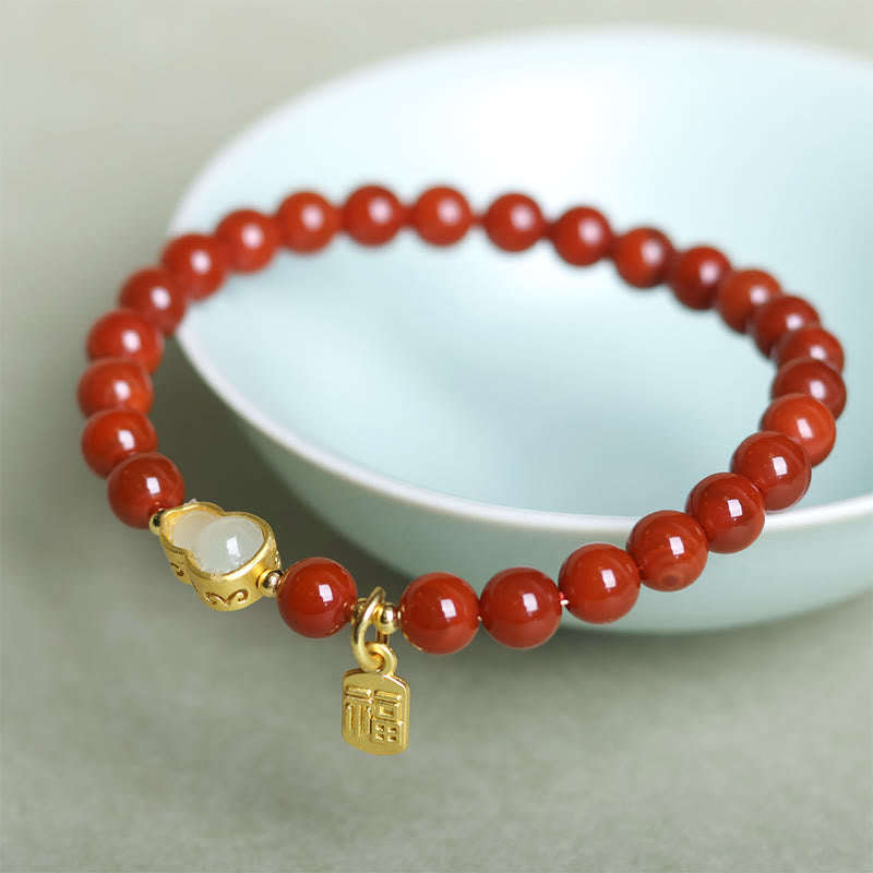 Wear FengShui Natural South Red Agate Hetian Jade Gourd Positive Bracelet