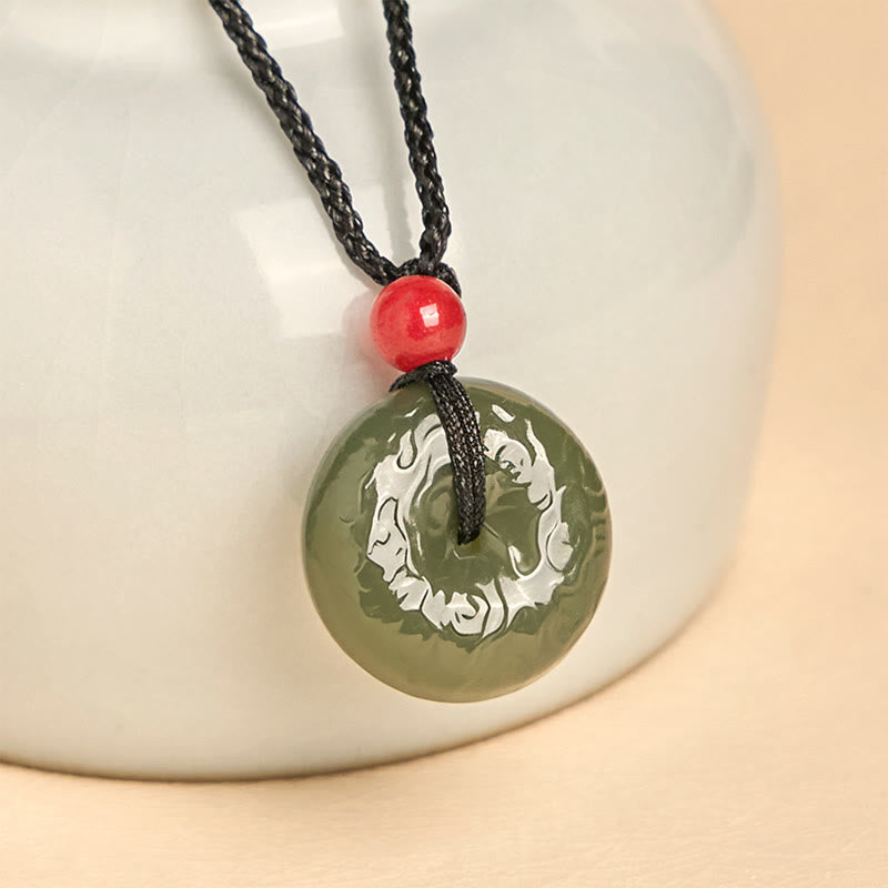 Wear FengShui Peace Buckle Auspicious Clouds Cyan Jade Necklace Luck Pendant