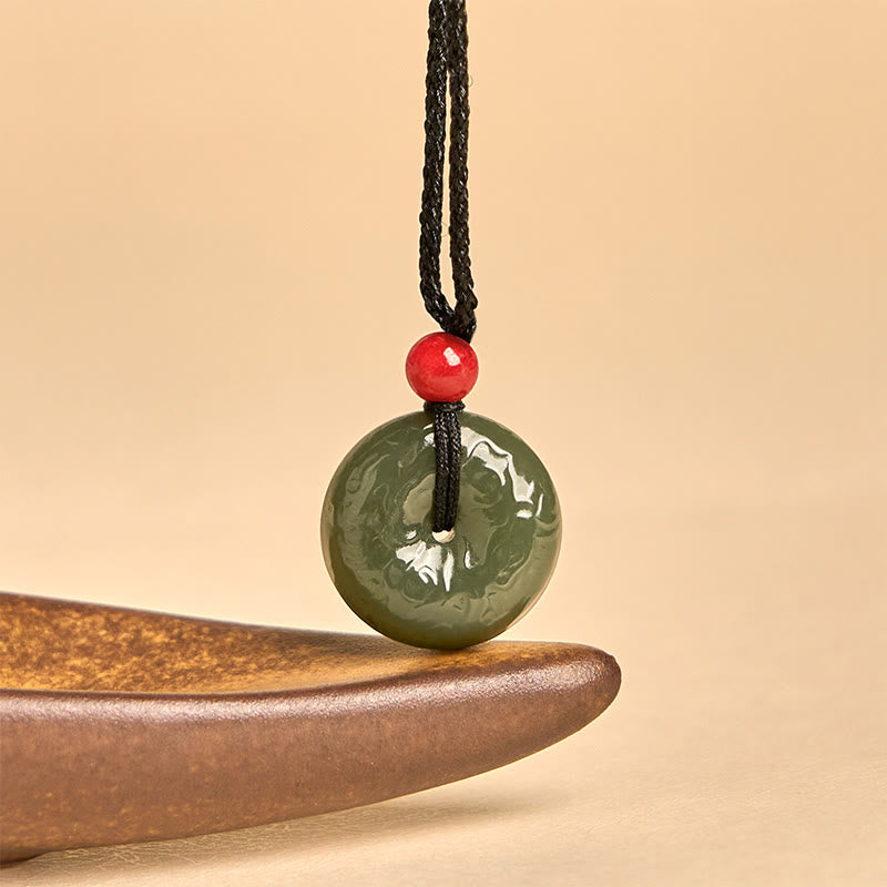 Wear FengShui Peace Buckle Auspicious Clouds Cyan Jade Necklace Luck Pendant