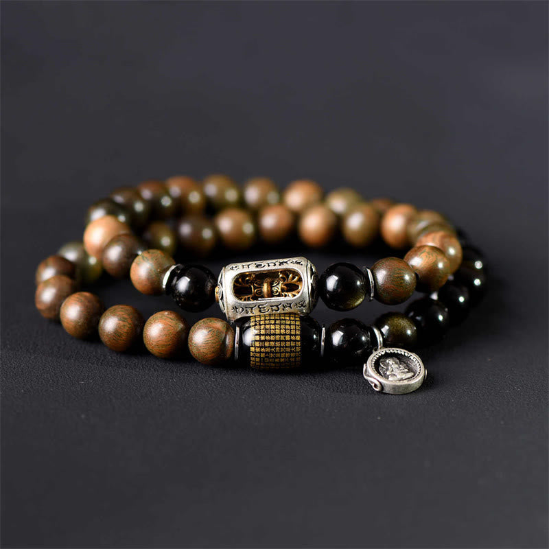 Wear FengShui Tibetan Green Sandalwood Gold Sheen Obsidian Balance Peace Double Wrap Bracelet