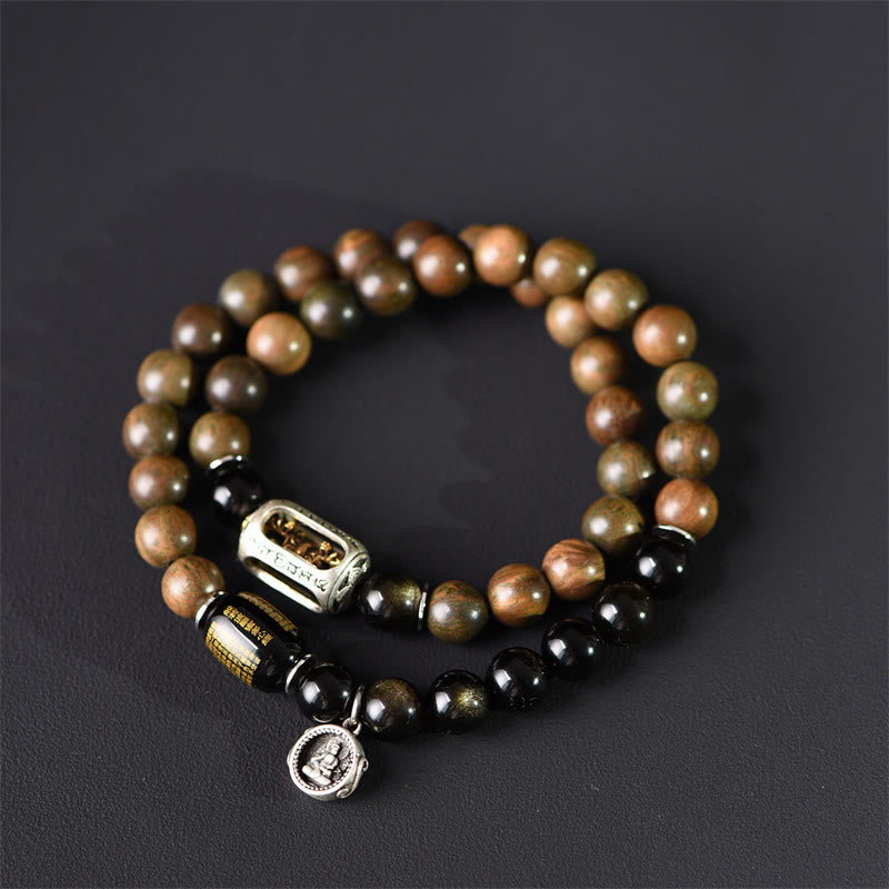 Wear FengShui Tibetan Green Sandalwood Gold Sheen Obsidian Balance Peace Double Wrap Bracelet