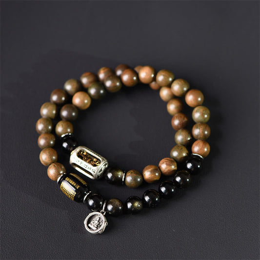 Wear FengShui Tibetan Green Sandalwood Gold Sheen Obsidian Balance Peace Double Wrap Bracelet