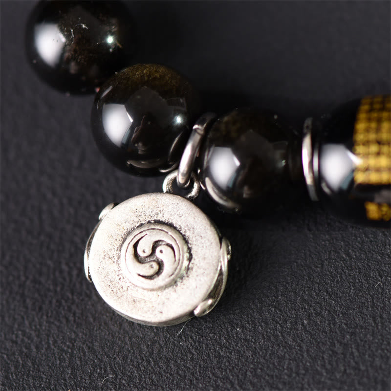 Wear FengShui Tibetan Green Sandalwood Gold Sheen Obsidian Balance Peace Double Wrap Bracelet
