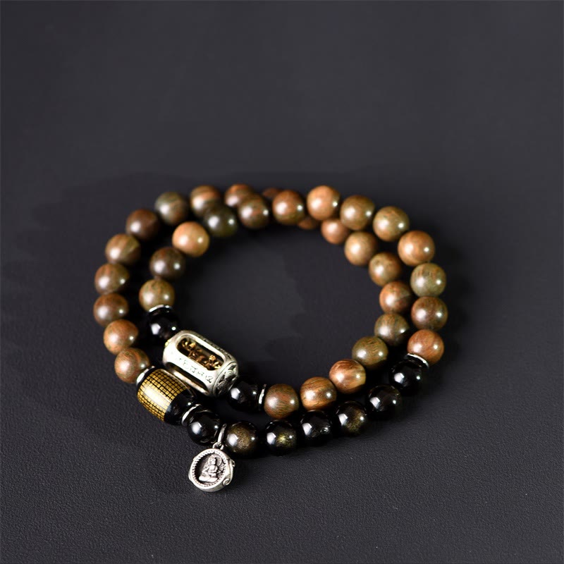 Wear FengShui Tibetan Green Sandalwood Gold Sheen Obsidian Balance Peace Double Wrap Bracelet
