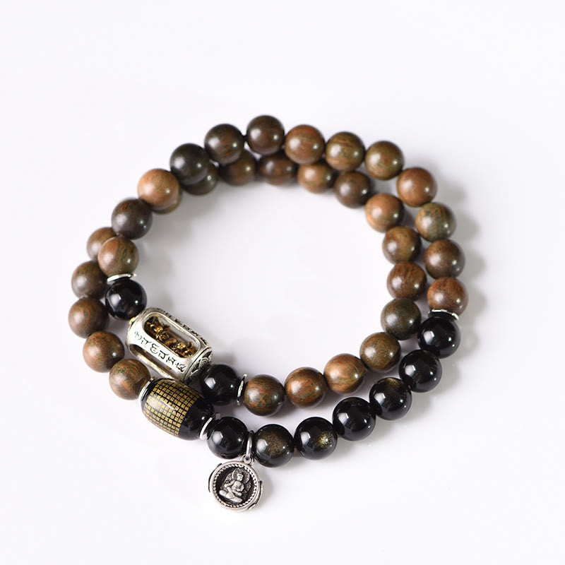 Wear FengShui Tibetan Green Sandalwood Gold Sheen Obsidian Balance Peace Double Wrap Bracelet