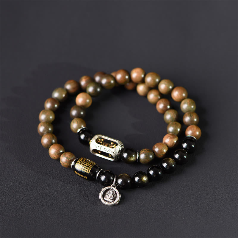Wear FengShui Tibetan Green Sandalwood Gold Sheen Obsidian Balance Peace Double Wrap Bracelet