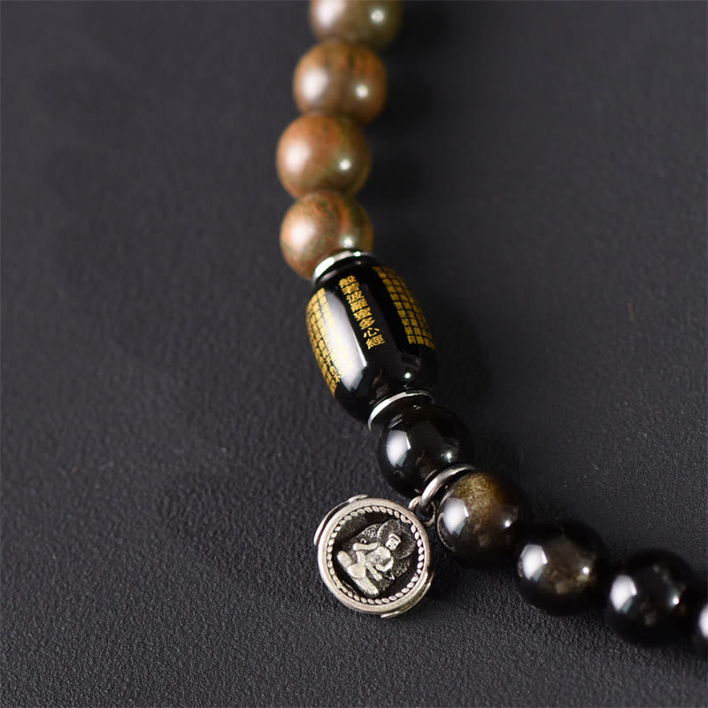 Wear FengShui Tibetan Green Sandalwood Gold Sheen Obsidian Balance Peace Double Wrap Bracelet