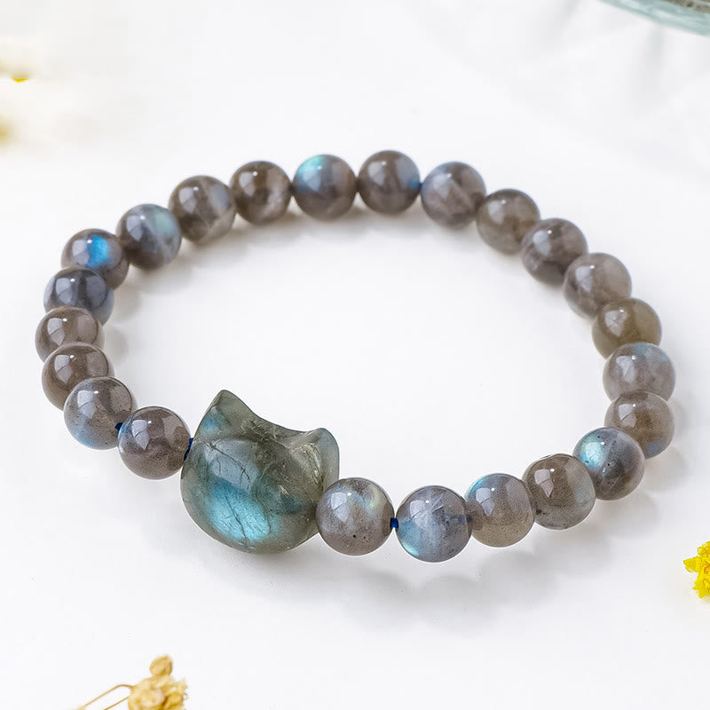 Wear FengShui Natural Labradorite Cute Cat Head Healing Change Bracelet