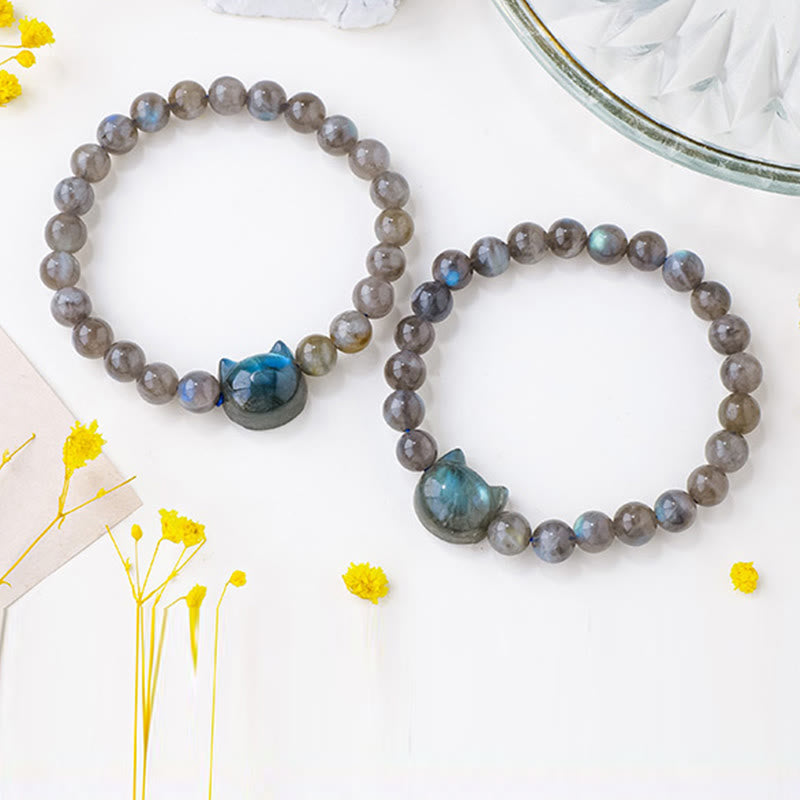 Wear FengShui Natural Labradorite Cute Cat Head Healing Change Bracelet