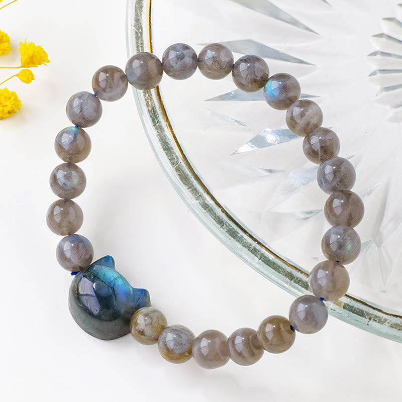 Wear FengShui Natural Labradorite Cute Cat Head Healing Change Bracelet