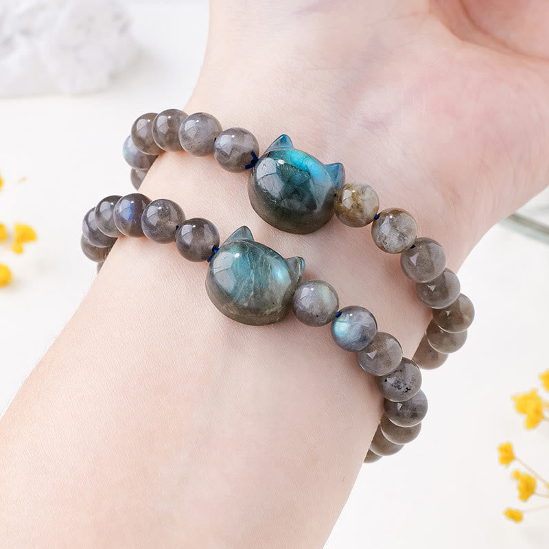 Wear FengShui Natural Labradorite Cute Cat Head Healing Change Bracelet