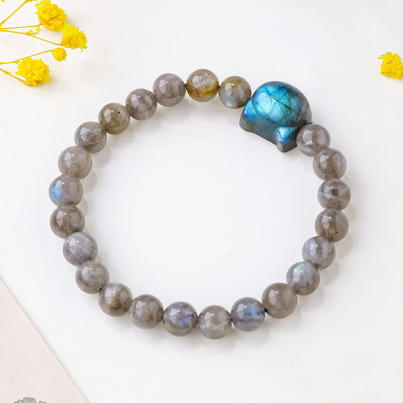 Wear FengShui Natural Labradorite Cute Cat Head Healing Change Bracelet