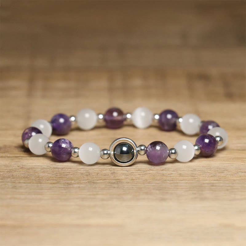 Wear FengShui Natural Amethyst White Cat's Eye Beads Balance Bracelet